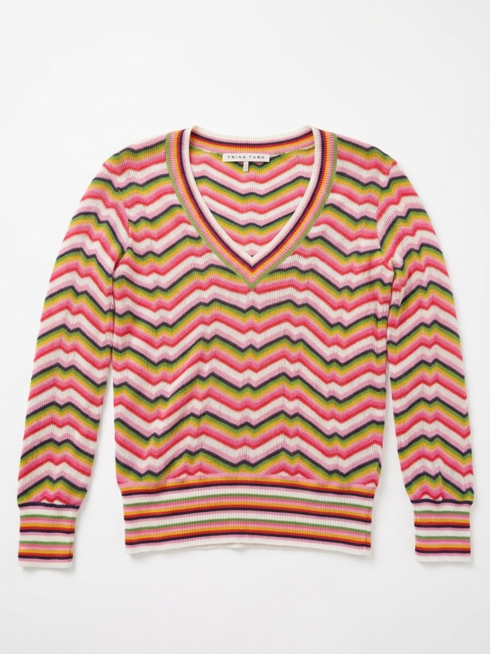 Trina Turk Pink Multi Zigzag V-Neck Sweater Size Small
